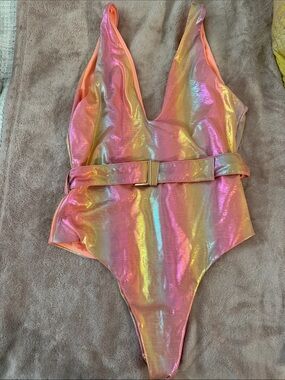 Lovewave Iridescent Pink Rainbow One-Piece Swimsuit with Belt